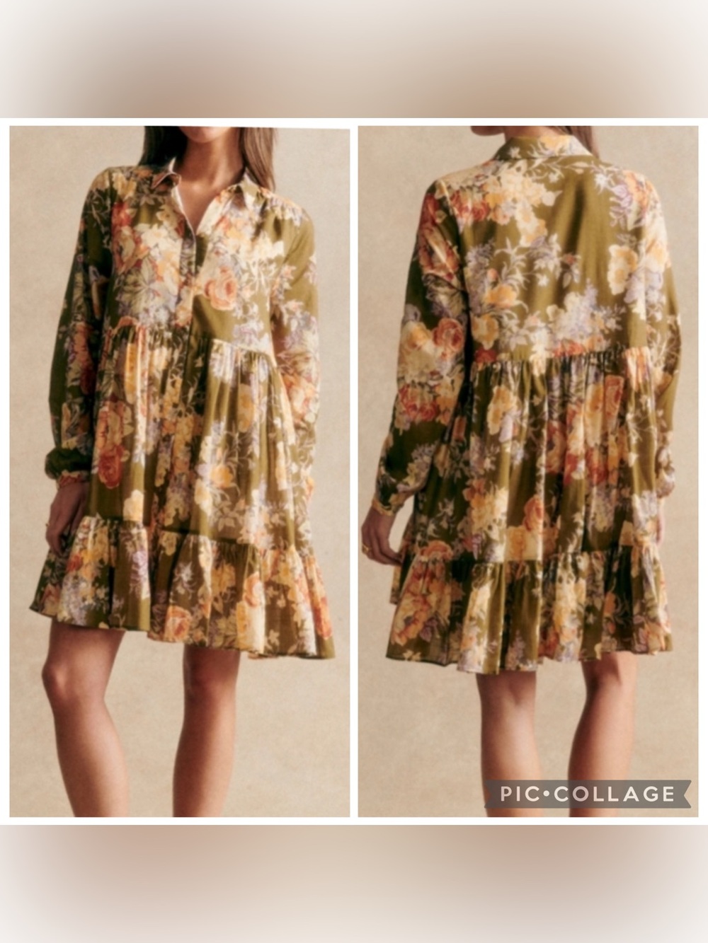 Sezane Hilma Floral Green Cotton Longsleeve Button Front Dress Size 8